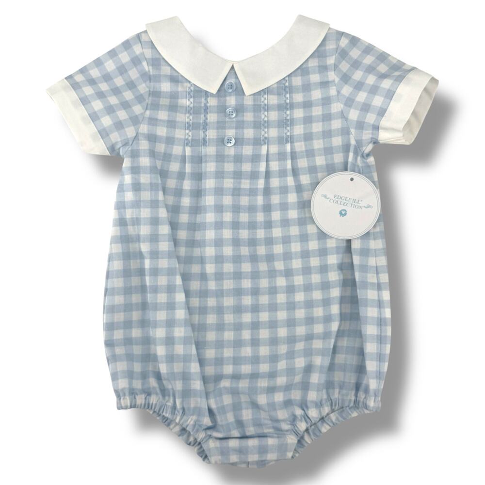 Edgehill Collection Blue and White Gingham Baby One-Piece